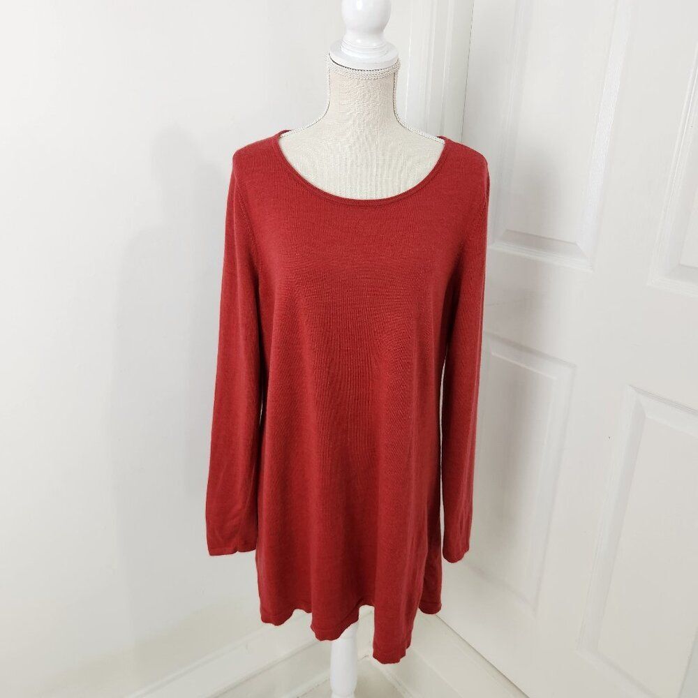 Eileen Fisher Dress Womens L Red Merino Wool Slit Tunic Minimalist Lagenlook
